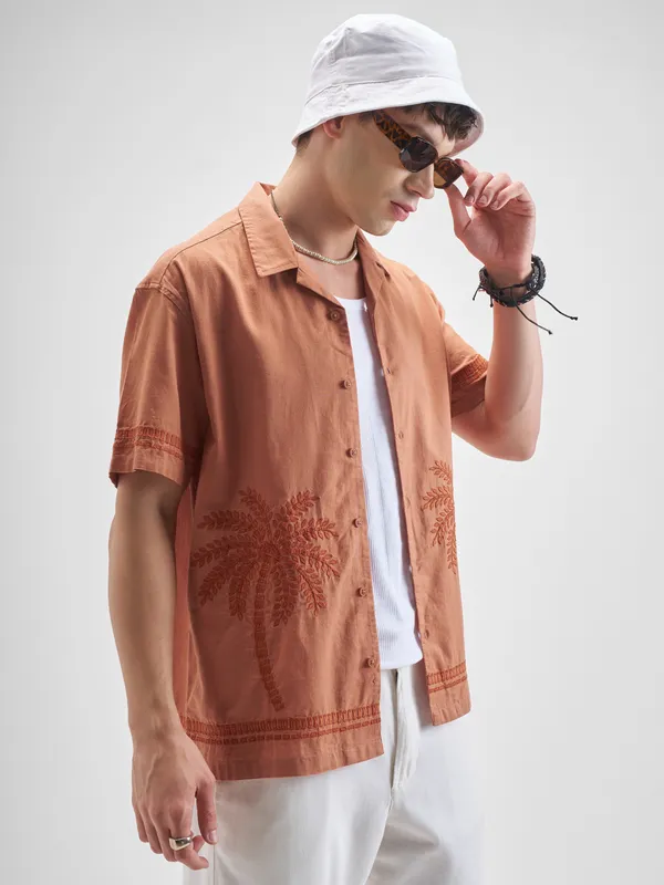 Highlander Men Rust Embroidered Relaxed Fit Casual Shirt