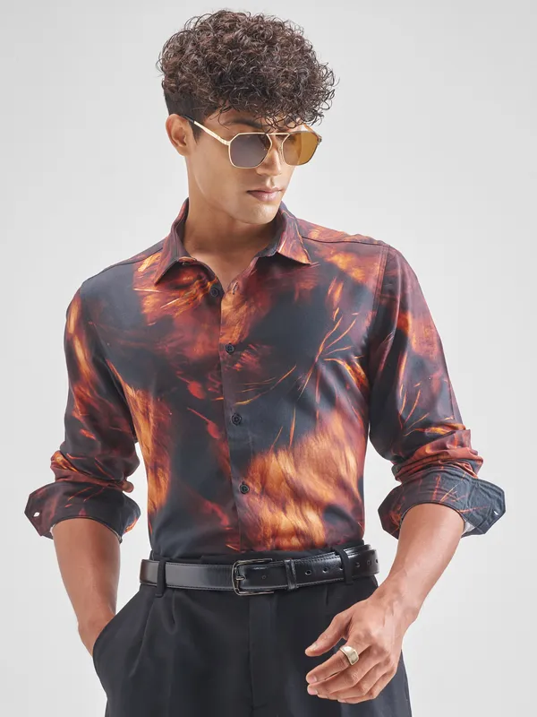 Highlander Men Rust Printed Relaxed Fit Casual Shirt