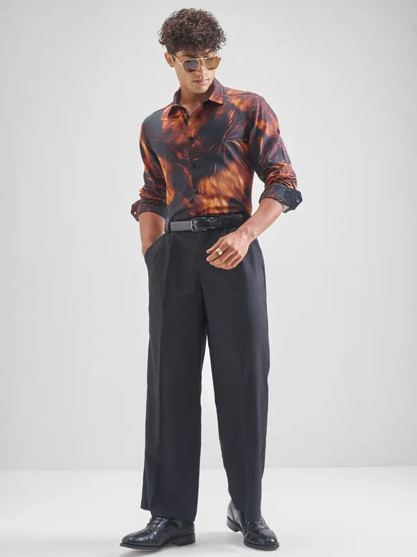 Highlander Men Rust Printed Relaxed Fit Casual Shirt