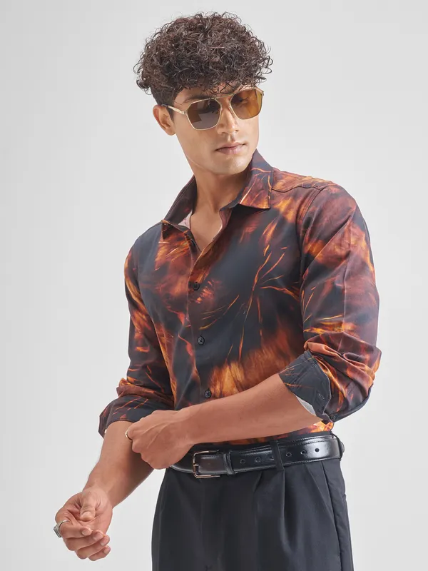 Highlander Men Rust Printed Relaxed Fit Casual Shirt
