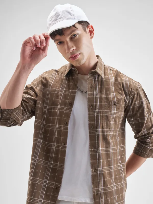 Highlander Men Brown Checked Relaxed Fit Casual Shirt