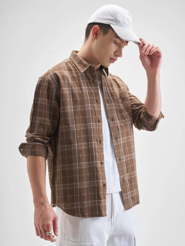 Highlander Men Brown Checked Relaxed Fit Casual Shirt