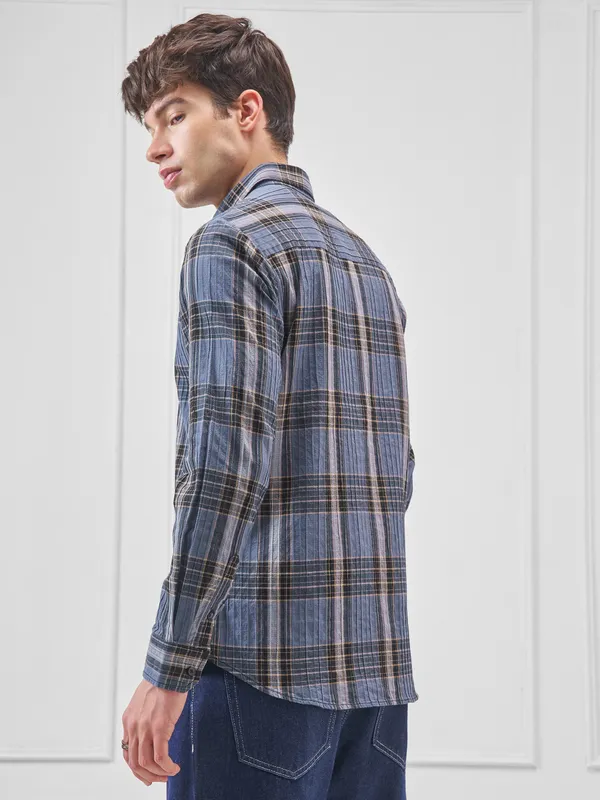 Highlander Men Blue Checked Slim Fit Casual Shirt