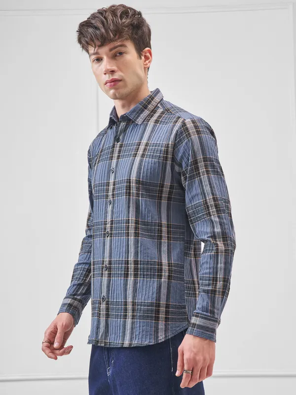 Highlander Men Blue Checked Slim Fit Casual Shirt