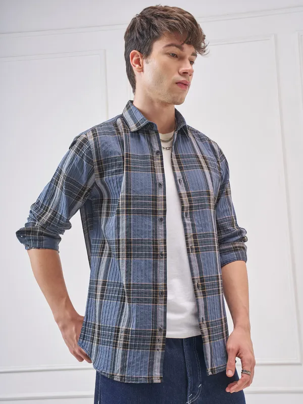 Highlander Men Blue Checked Slim Fit Casual Shirt