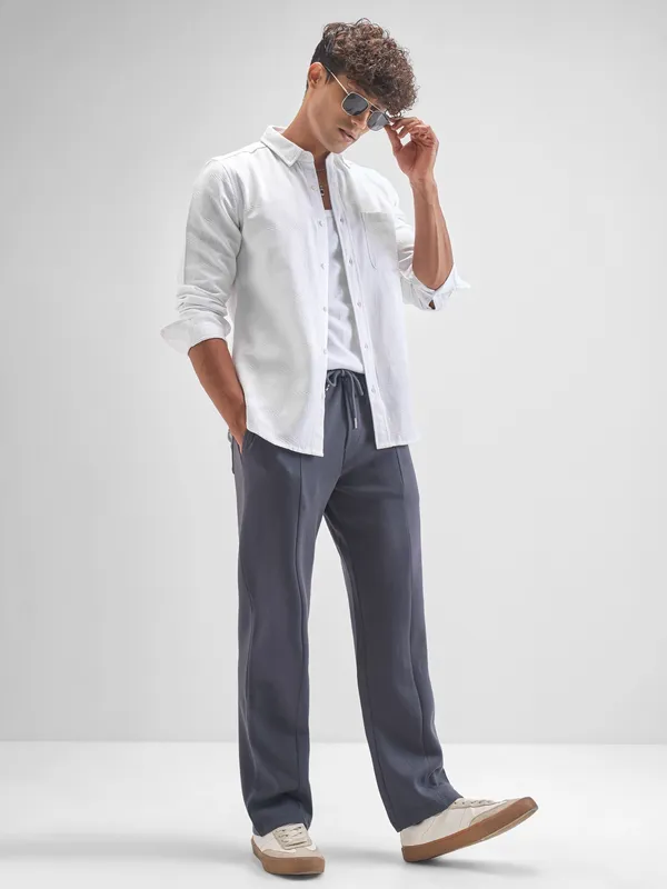 Highlander Men White Self Design Slim Fit Casual Shirt