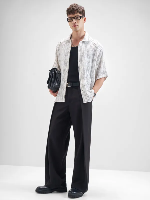 Highlander Men White Striped Boxy Fit Casual Shirt