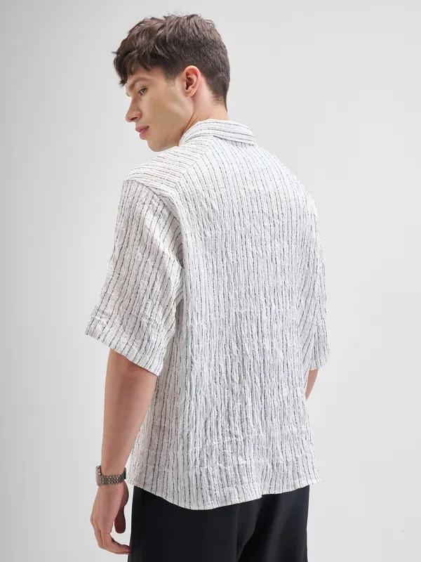 Highlander Men White Striped Boxy Fit Casual Shirt