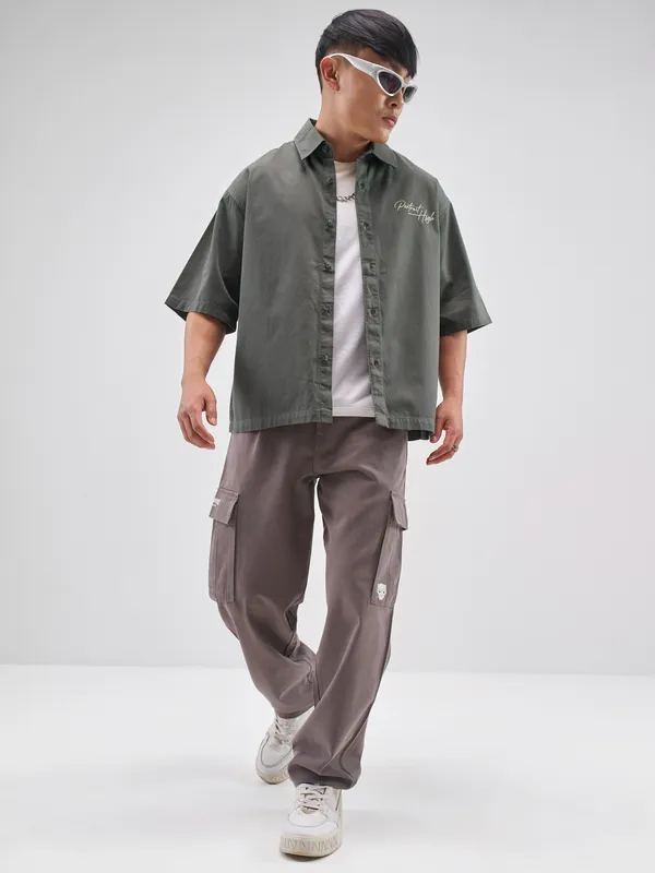 Highlander Men Charcoal Printed Boxy Fit Casual Shirt