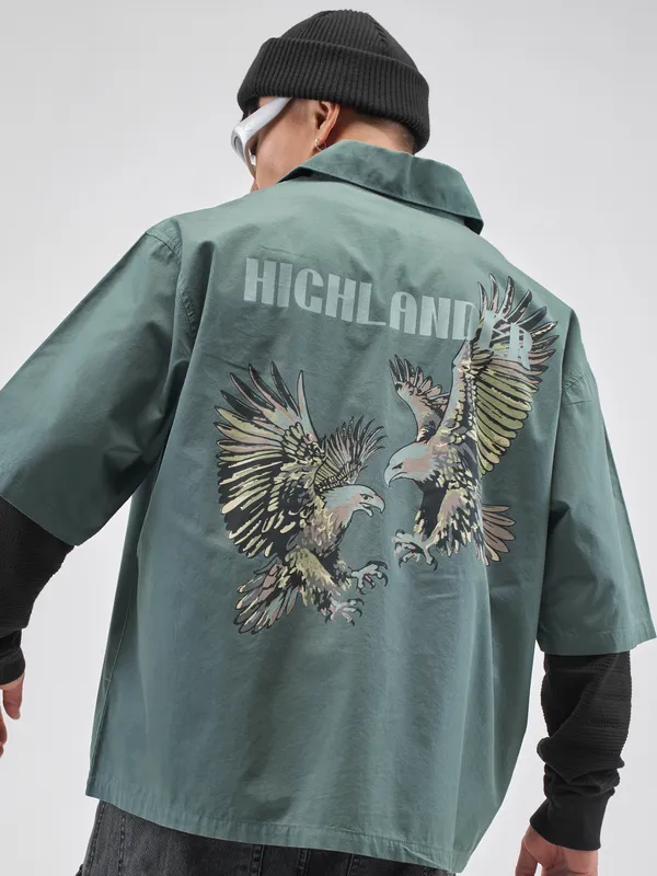 Highlander Men Green Printed Boxy Fit Casual Shirt