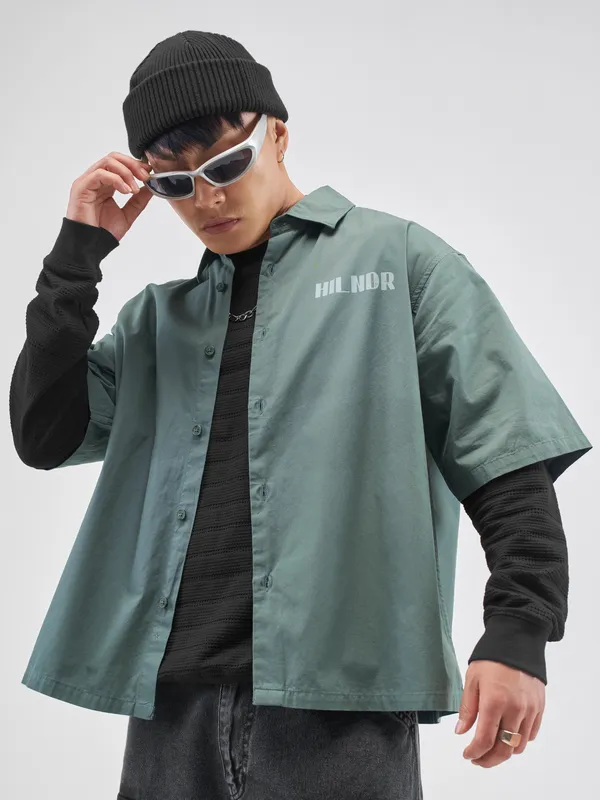 Highlander Men Green Printed Boxy Fit Casual Shirt