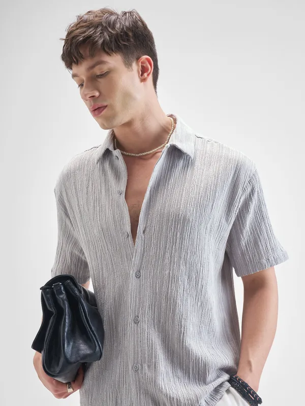 Highlander Men Grey Self Design Relaxed Fit Casual Shirt