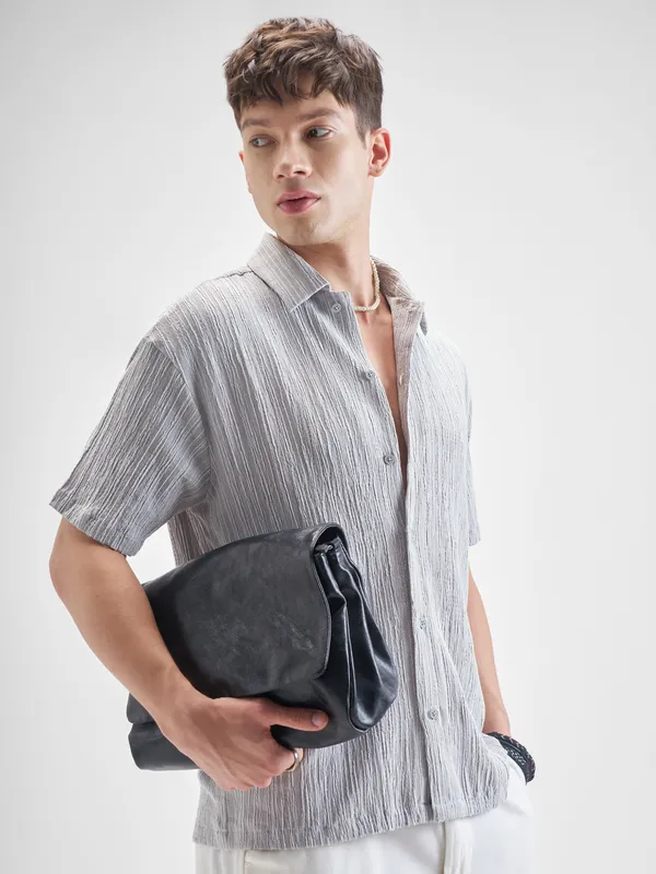 Highlander Men Grey Self Design Relaxed Fit Casual Shirt