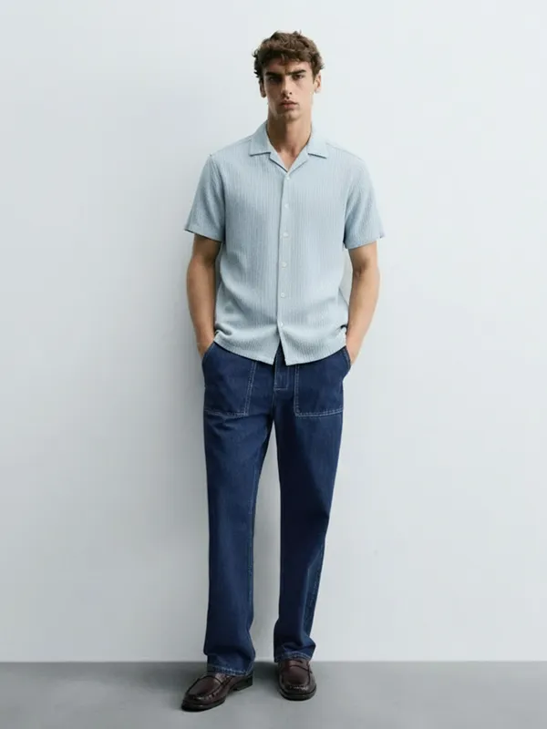 Highlander Men Blue Self Design Relaxed Fit Casual Shirt