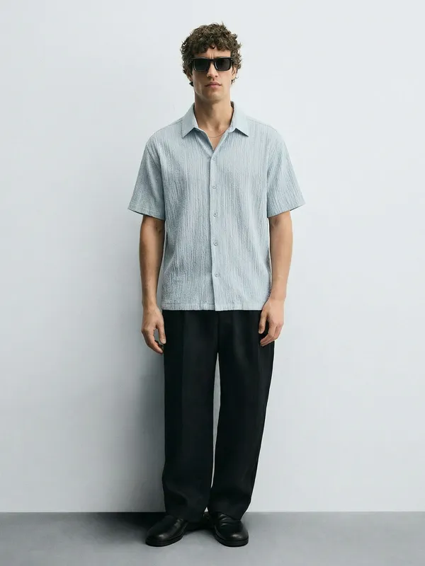 Highlander Men Blue Self Design Relaxed Fit Casual Shirt