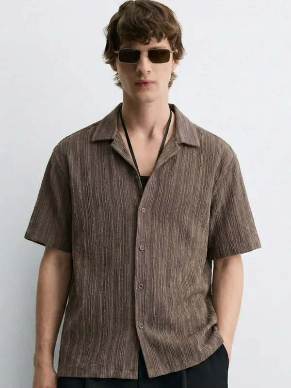 Highlander Men Brown Self Design Relaxed Fit Casual Shirt
