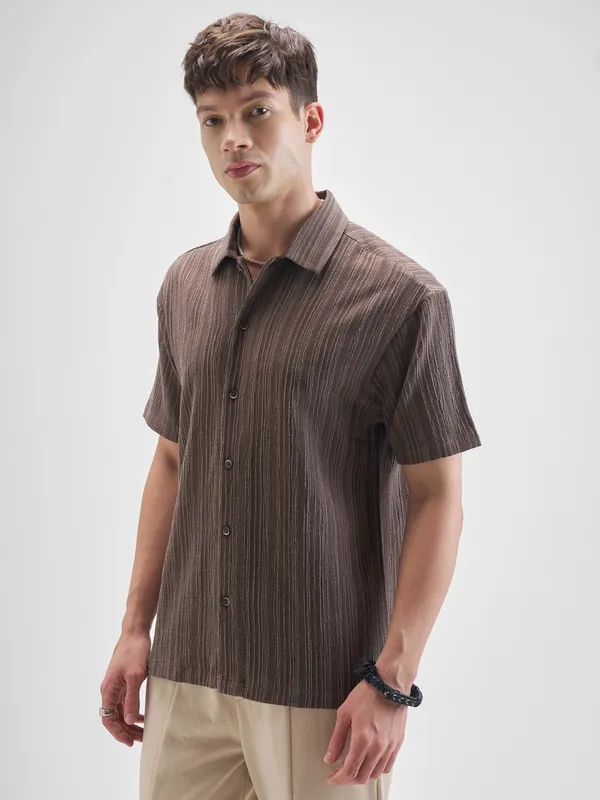 Highlander Men Brown Self Design Relaxed Fit Casual Shirt