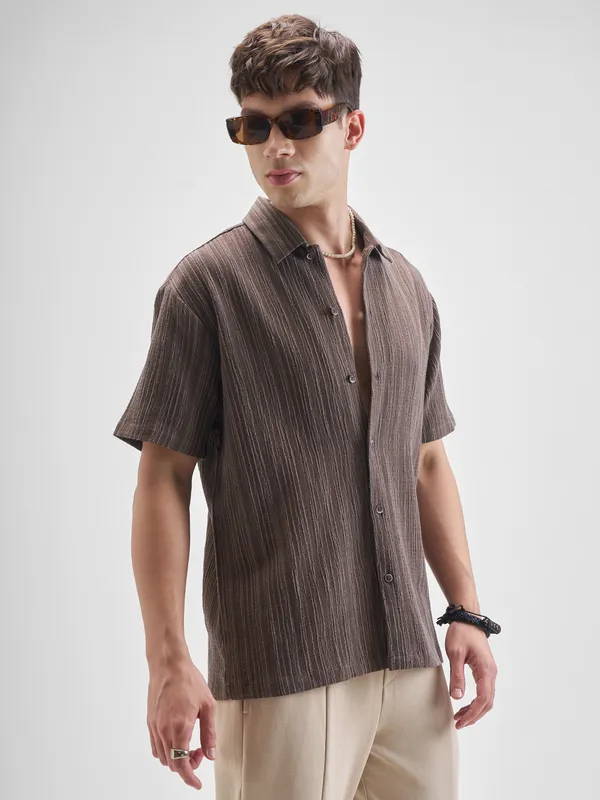 Highlander Men Brown Self Design Relaxed Fit Casual Shirt