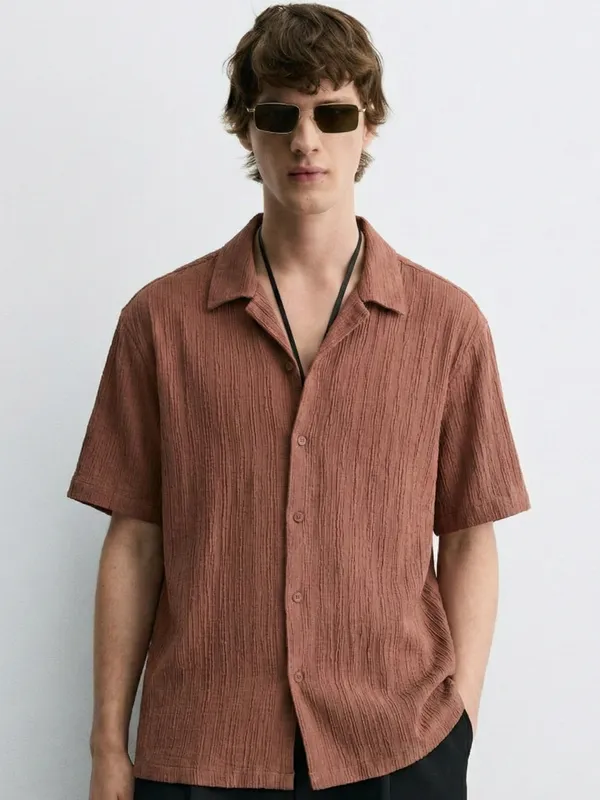Highlander Men Rust Self Design Relaxed Fit Casual Shirt