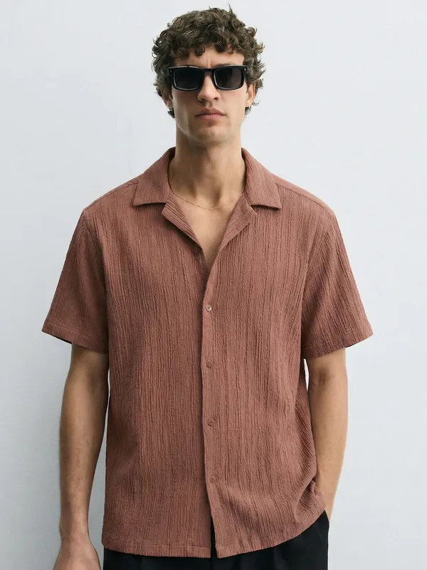 Highlander Men Rust Self Design Relaxed Fit Casual Shirt