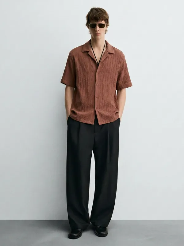 Highlander Men Rust Self Design Relaxed Fit Casual Shirt