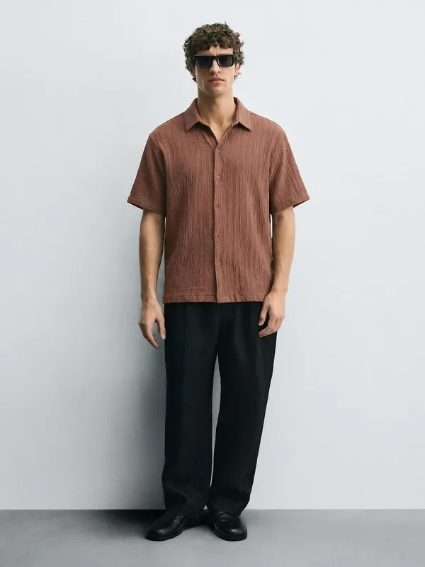 Highlander Men Rust Self Design Relaxed Fit Casual Shirt