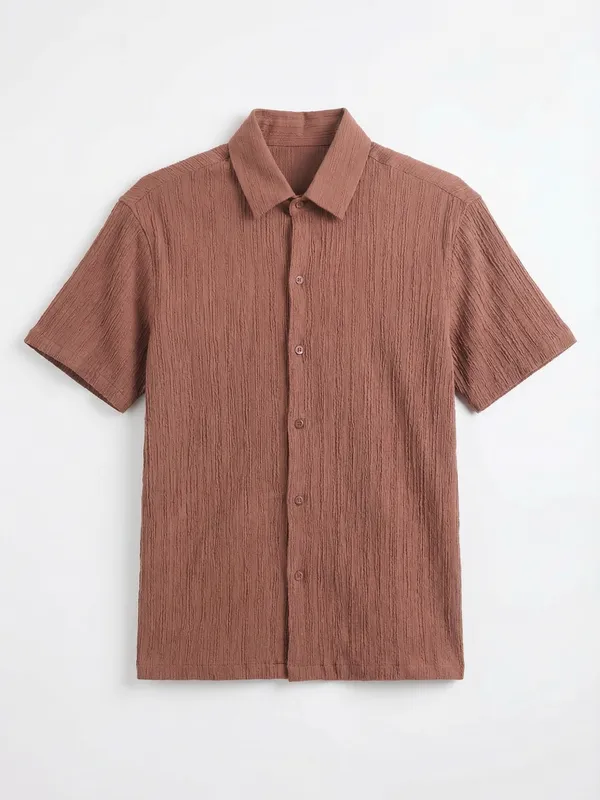 Highlander Men Rust Self Design Relaxed Fit Casual Shirt