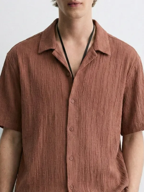 Highlander Men Rust Self Design Relaxed Fit Casual Shirt