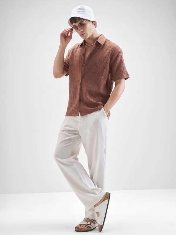 Highlander Men Rust Self Design Relaxed Fit Casual Shirt