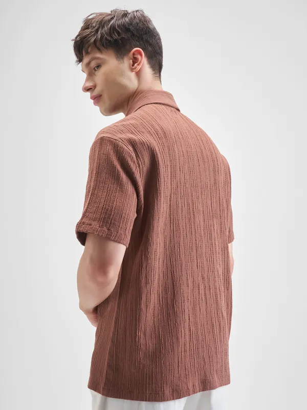Highlander Men Rust Self Design Relaxed Fit Casual Shirt
