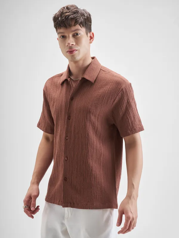 Highlander Men Rust Self Design Relaxed Fit Casual Shirt