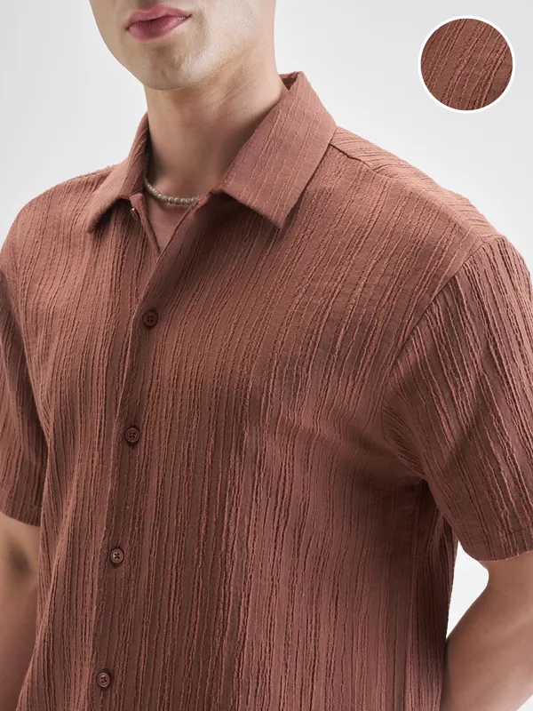 Highlander Men Rust Self Design Relaxed Fit Casual Shirt