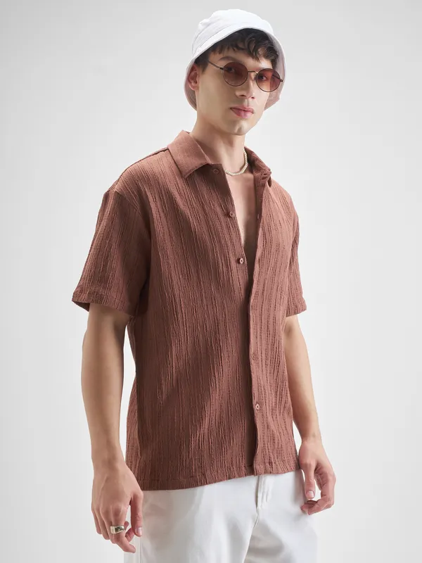 Highlander Men Rust Self Design Relaxed Fit Casual Shirt