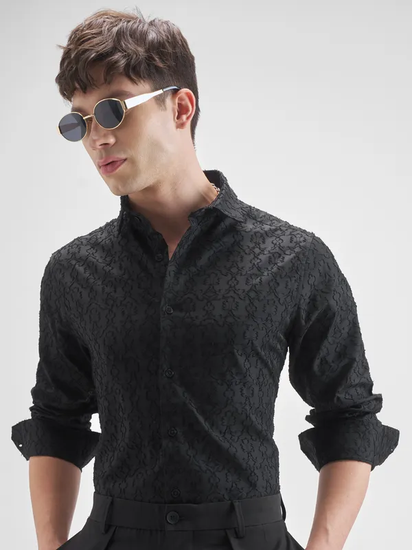 Highlander Men Black Self Design Slim Fit Casual Shirt