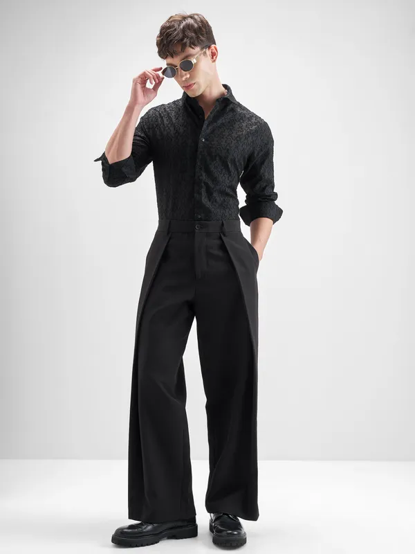 Highlander Men Black Self Design Slim Fit Casual Shirt