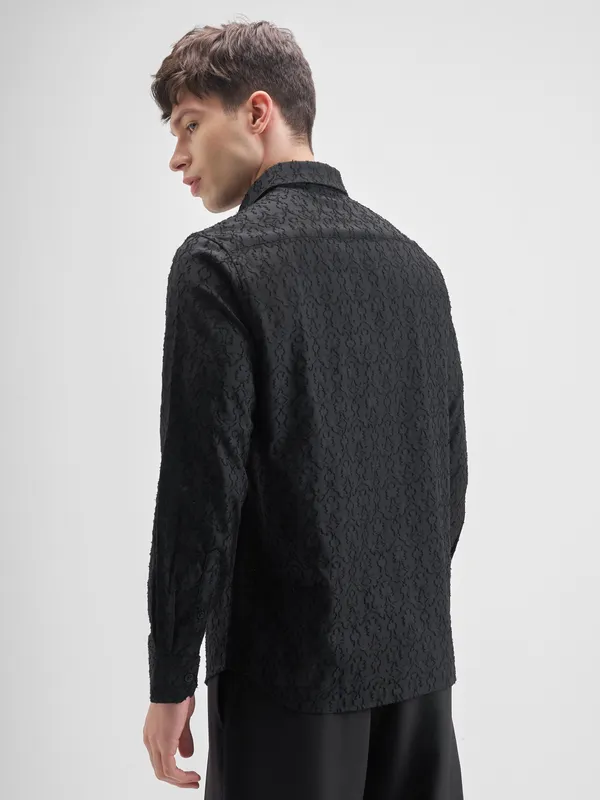 Highlander Men Black Self Design Slim Fit Casual Shirt