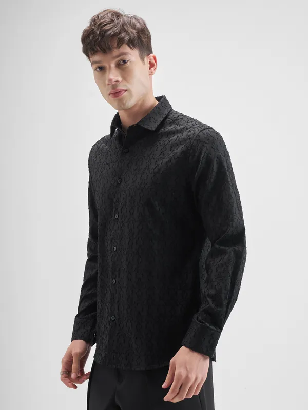 Highlander Men Black Self Design Slim Fit Casual Shirt