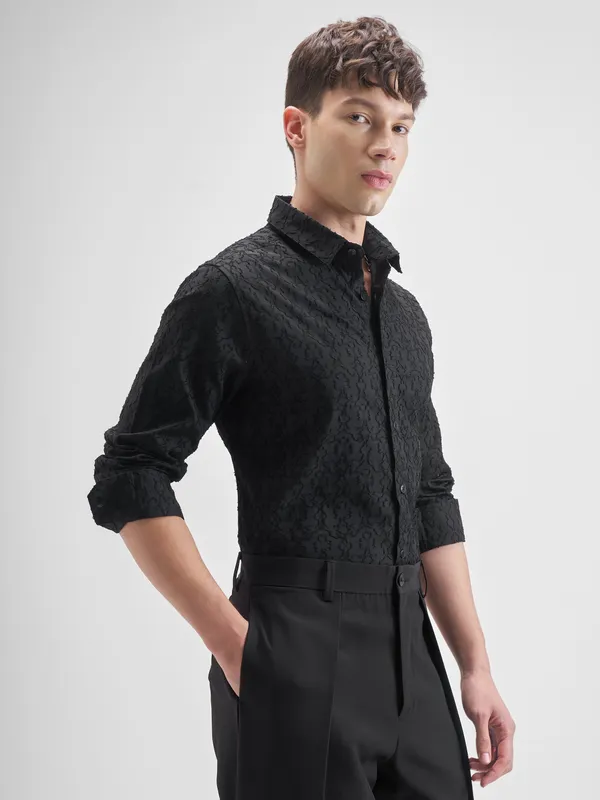 Highlander Men Black Self Design Slim Fit Casual Shirt