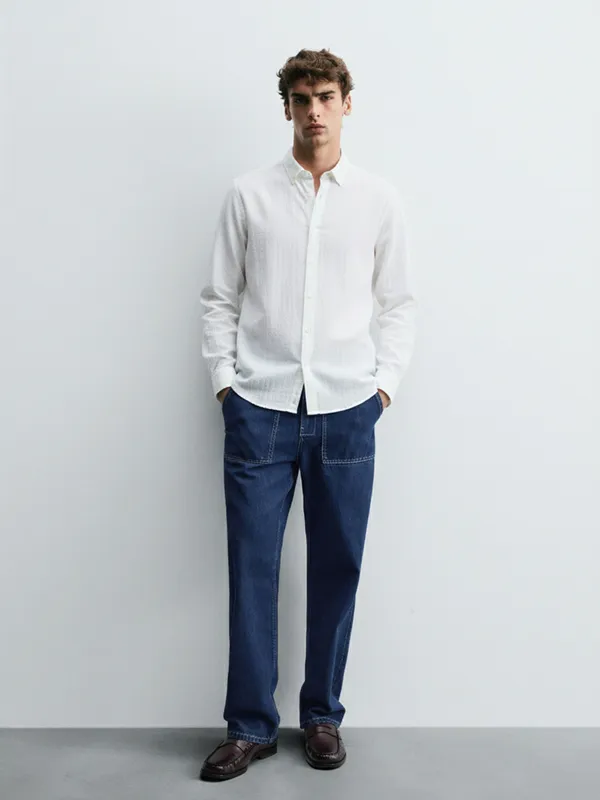 Highlander Men Off White Self Design Relaxed Fit Casual Shirt