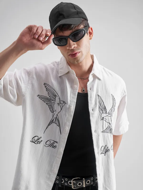 Highlander Men White Embroidered Boxy Fit Casual Shirt