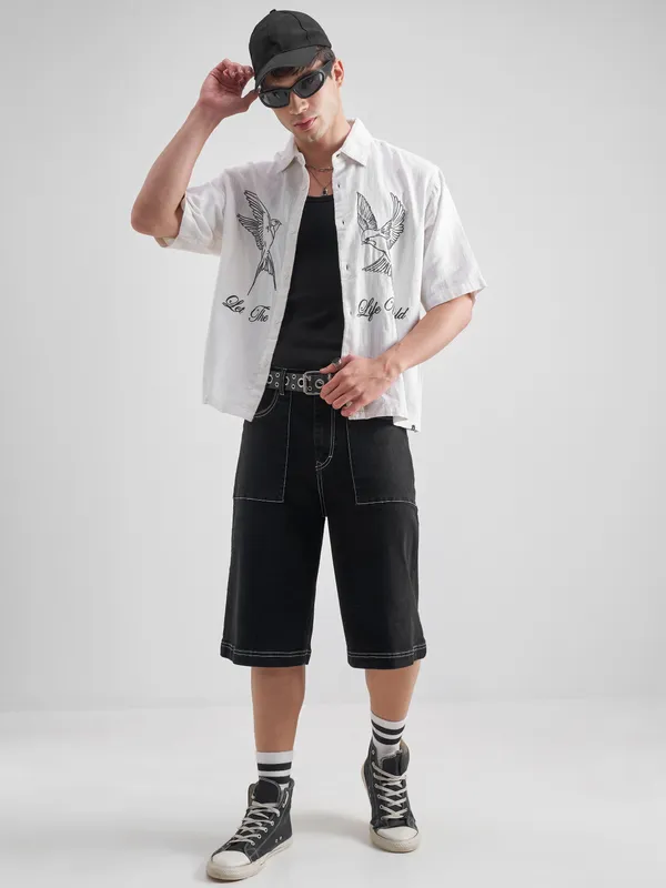 Highlander Men White Embroidered Boxy Fit Casual Shirt