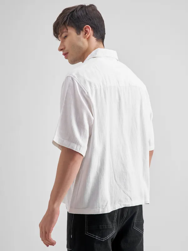 Highlander Men White Embroidered Boxy Fit Casual Shirt