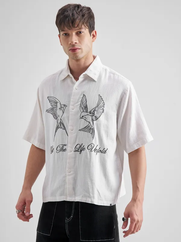 Highlander Men White Embroidered Boxy Fit Casual Shirt