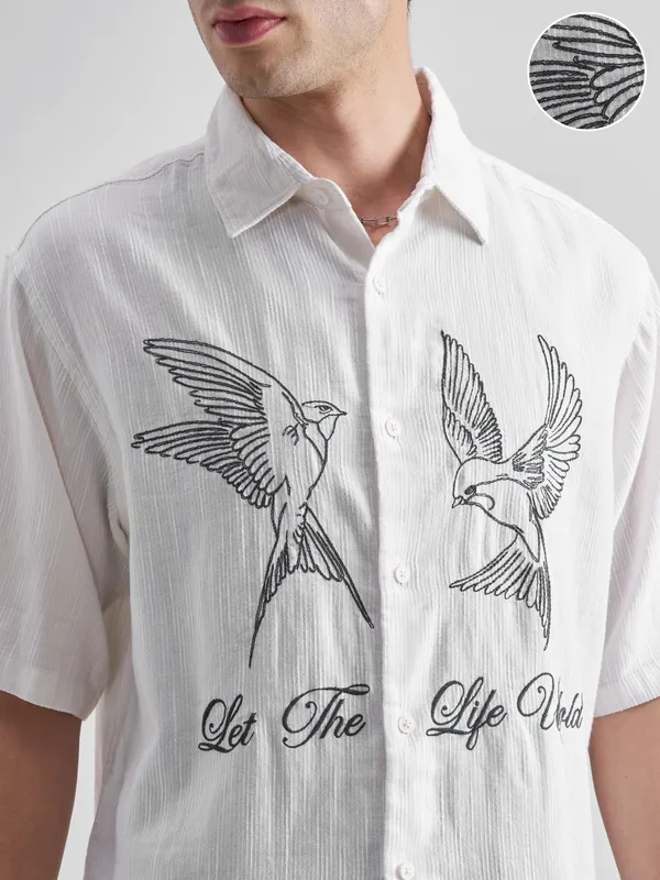 Highlander Men White Embroidered Boxy Fit Casual Shirt