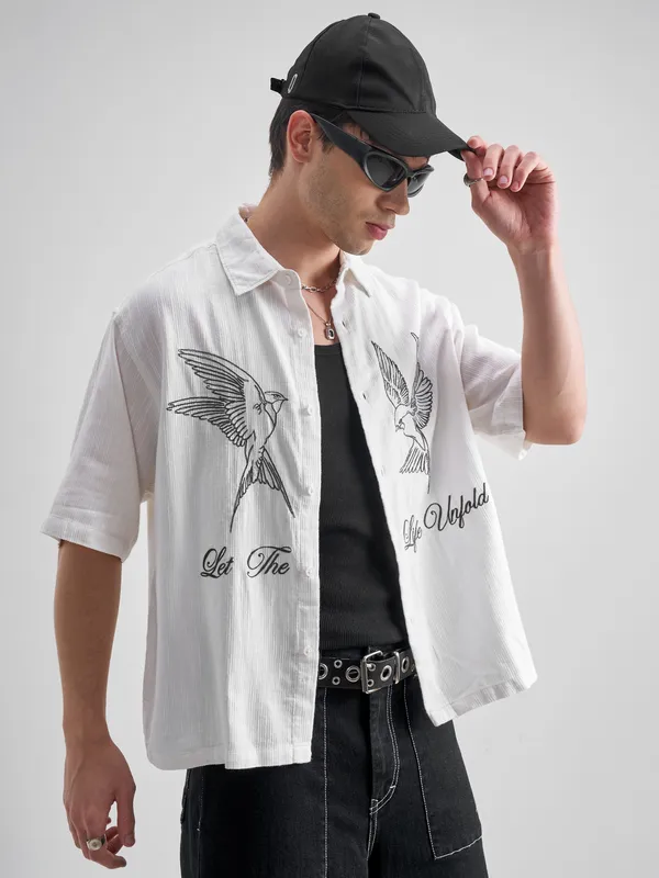 Highlander Men White Embroidered Boxy Fit Casual Shirt