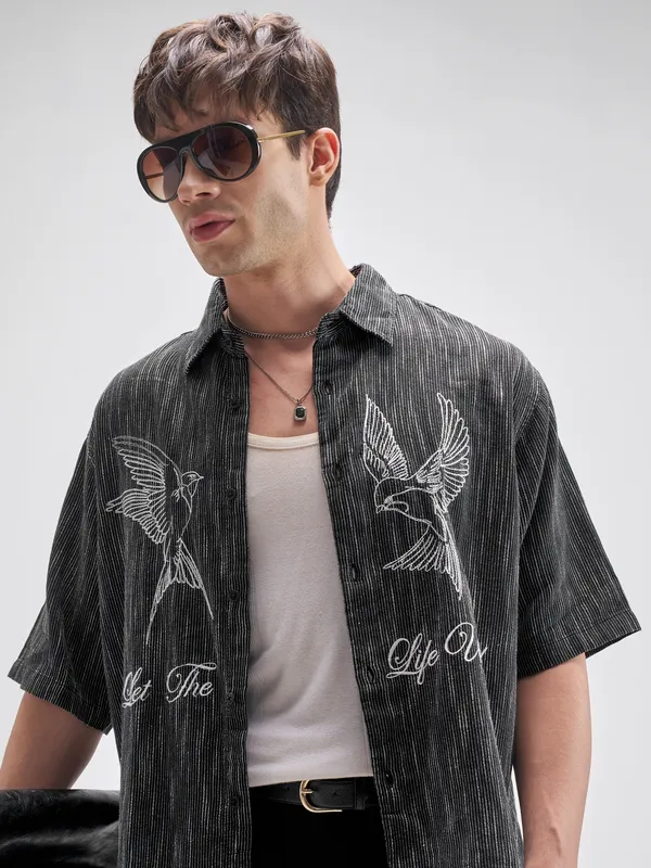 Highlander Men Black Embroidered Boxy Fit Casual Shirt