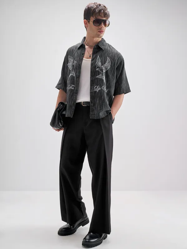 Highlander Men Black Embroidered Boxy Fit Casual Shirt