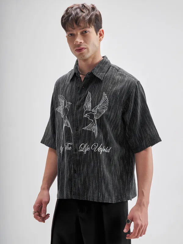 Highlander Men Black Embroidered Boxy Fit Casual Shirt