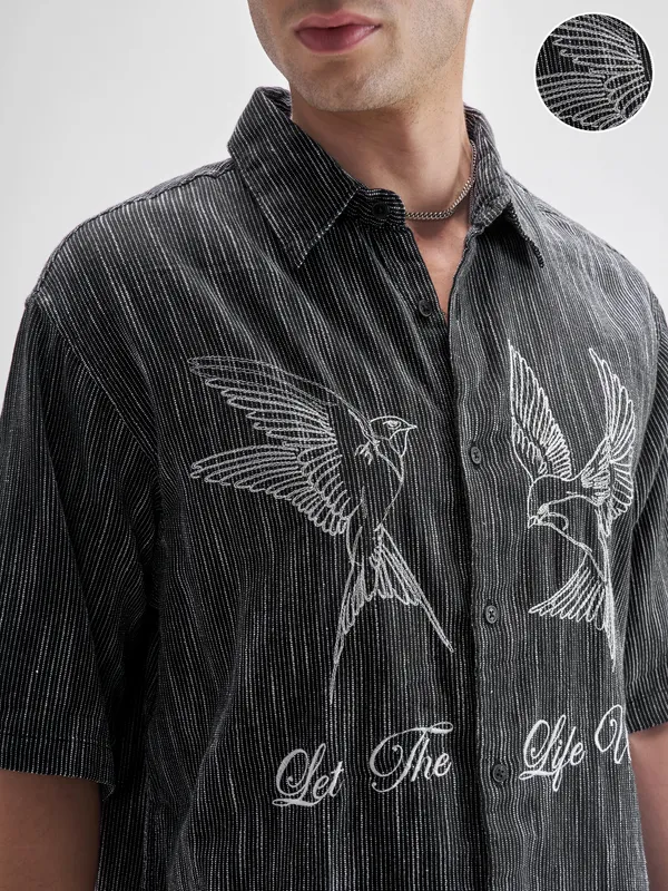 Highlander Men Black Embroidered Boxy Fit Casual Shirt