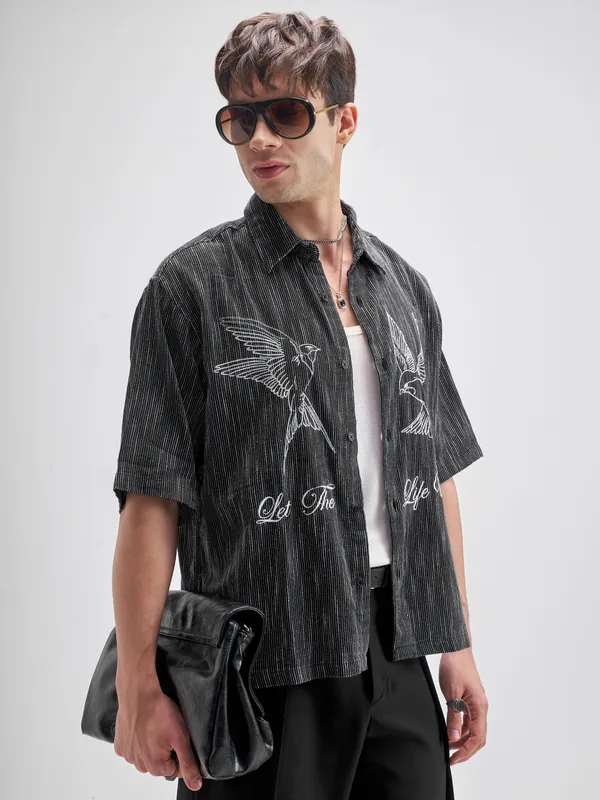 Highlander Men Black Embroidered Boxy Fit Casual Shirt